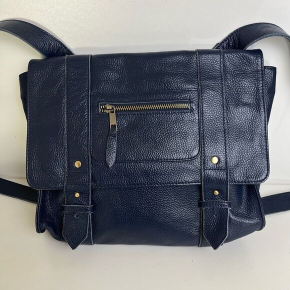 Vere Verto Navy Blue Leather Backpack Convertible Messenger Crossbody Travel Bag main image 11